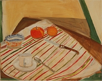Jean-David Gonnet, Tasse blanche et deux fruits oranges, acrylique sur toile, 33 x 41, 2004