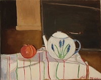 Jean-David Gonnet, Théière blanche et fruits oranges, huile sur toile, 33 x 41, 2004