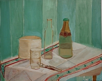 Jean-David Gonnet, Bouteilles sur fond vert, huile sur toile, 37 x 48, 2005