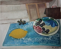 Jean-David Gonnet, Citron et nappe bleue, huile sur toile, 37 x 45, 2005