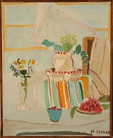 Jean-David Gonnet, Cerises et tapis orange et vert, acrylique sur toile, 32 x 40, 2005