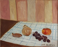 Jean-David Gonnet, Raisins nappe blanche et rayures bleues, huile sur toile, 33 x 45, 2004