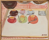 Jean-David Gonnet, Six tasses blanches sur nappe blanche, huile sur toile, 32 x 40, 2005